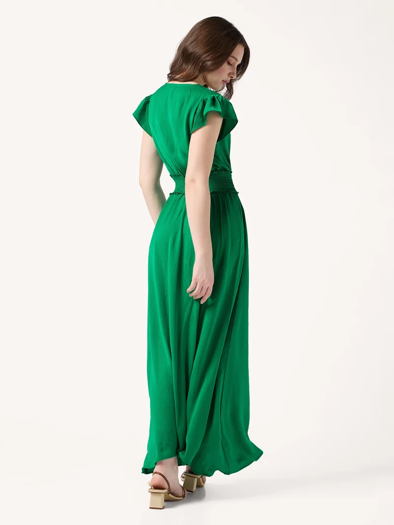 Outzidr  Green Tiered Maxi Length Flared Dress for Women | Best Price UAE